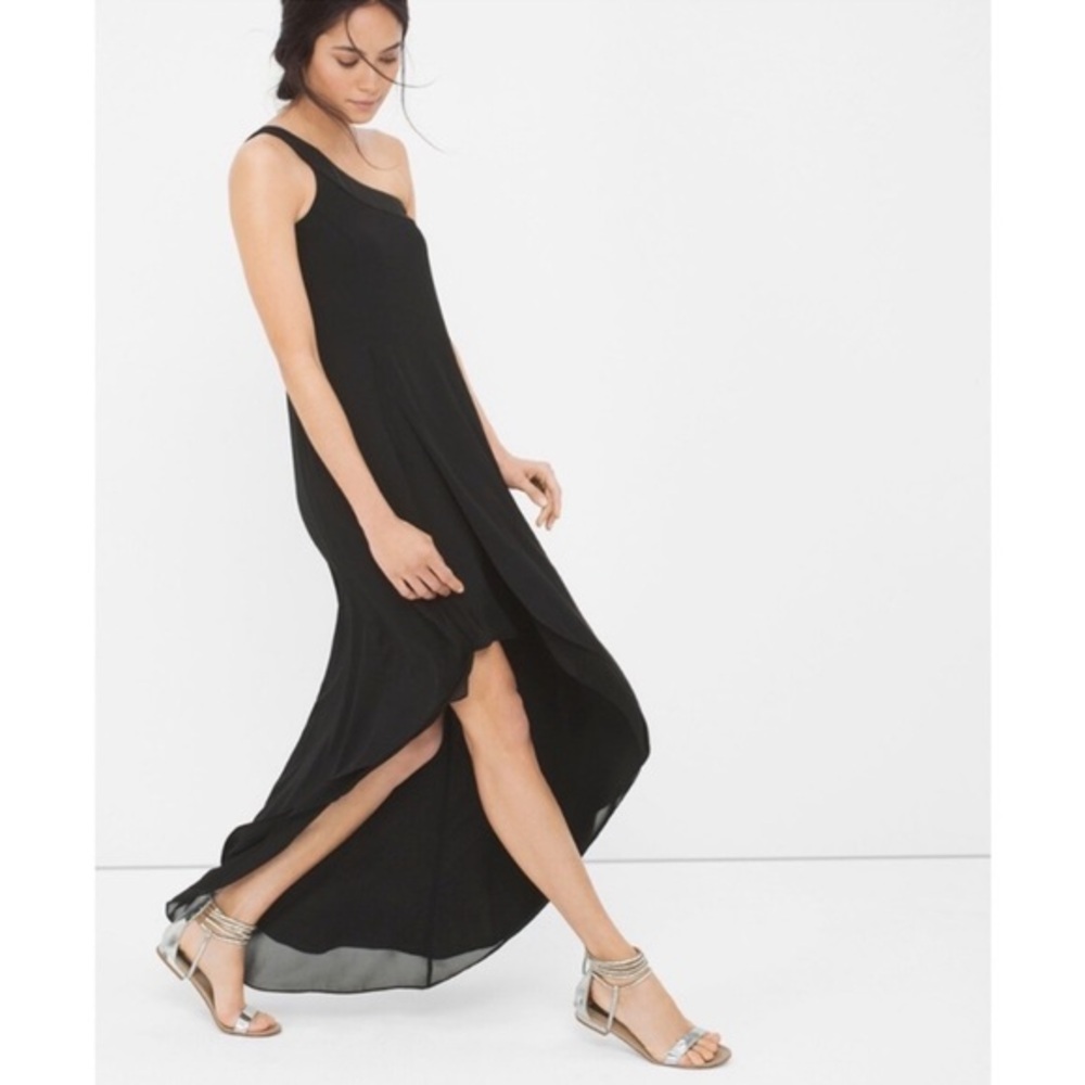 WHBM One-Shoulder Asymmetric Dress Black Size 8 NWT Flowy Billowy